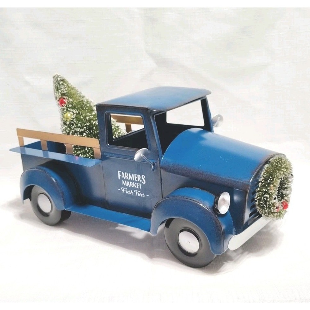 Vintage Antique Classic Pickup Truck w Christmas Tree 12" Blue Metal